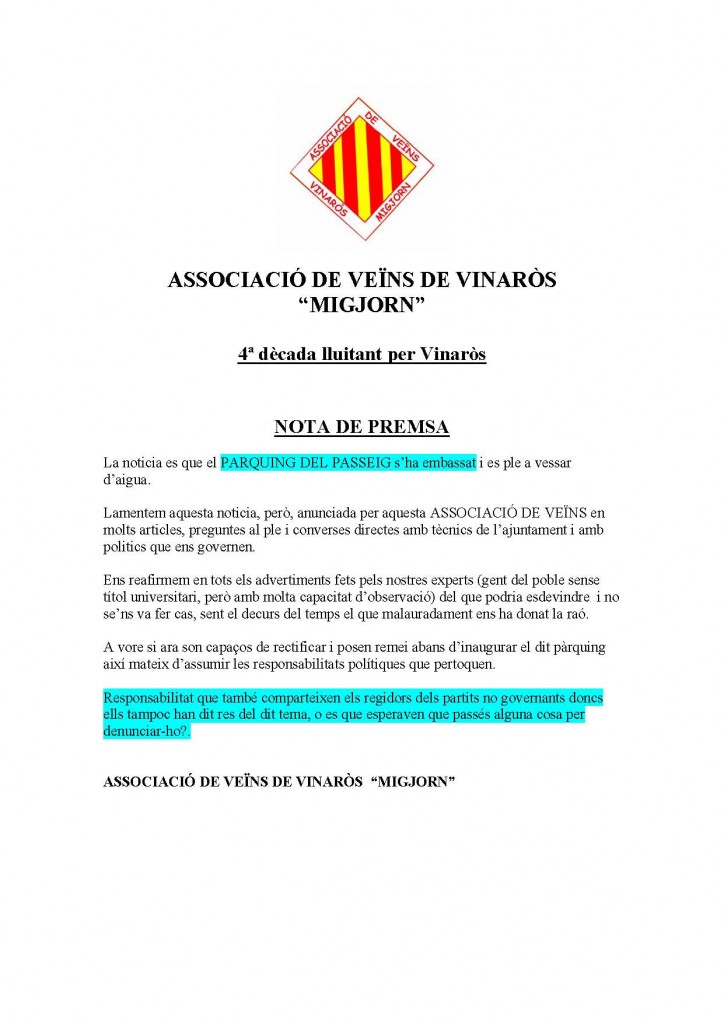 NOTA DE PREMSA 10 DE MAIG DEL 2008